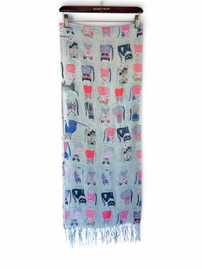 Cats print shimmery long scarf, lightweight 80"x28" mint green